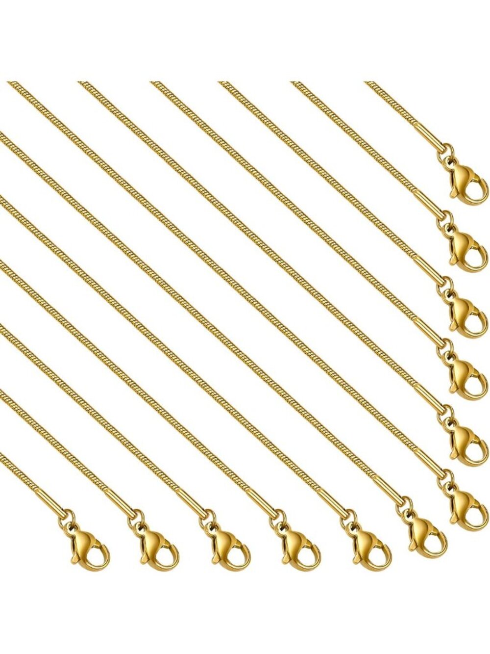 12 Pack Gold Plated Thin Snake Chains | 20" Adjustable Stainless Steel Necklaces